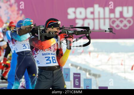 Arnd PFEIFFER, GER, Aktion Stehend Schiessen, Biathlon, 10 km Sprint der Maenner XXII. Olympische Winterspiele Sochi, Russland AM 08.02.2014 Foto Stock