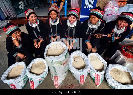 Donne etniche Tay che vendono riso al mercato di Dong Van, ha Giang, Vietnam Foto Stock