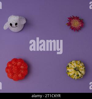 Decorazione di Halloween con zucca e fiore su sfondo viola con spazio copia e spirito senza ombra. Scenografia piatta. Foto Stock