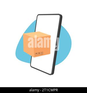 Concetto di shopping online. Consegna rapida dei pacchi. La casella esce dallo schermo dello smartphone. Piattaforma per lo shopping. Illustrazione vettoriale. Illustrazione Vettoriale