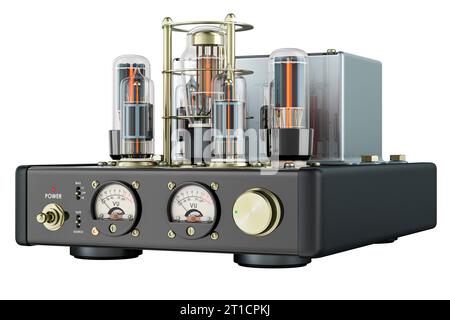 Amplificatore di potenza con tubo a vuoto, rendering 3D isolato su sfondo bianco Foto Stock