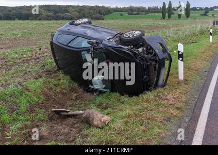 Schkeuditz - Motor rausgerissen, Auto Überschlagen: 4 Verletzte bei Unfall auf B181 12.10.2023 gegen 14,20 Uhr Schkeuditz OT Dölzig, B181 Fotograf: EHL Media/Sven Kunze IM Bild: Ein schwer beschädigtes, demoliertes Auto steht liegt nach einem Überschlag auf der Seite neben der Straße. Zu einem schweren Unfall kam es am Donnerstag auf der B181 westlich von Leipzig. Dabei ist der Fahrer eines Ford mit seinem Auto in einer Linkskurve in den Gegenverkehr geraten und mit zwei Autos zusammengestoßen, eines überschlug sich anschließend. Vier Menschen wurden verletzt, zwei davon schwer. Die Feuerwehr Foto Stock