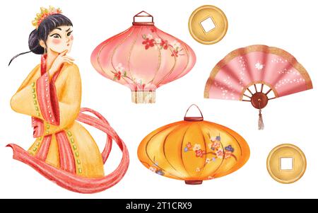 Collezione Watercolor Eastern. Ragazza asiatica in un vivace kimono, lanterne cinesi decorate, un delicato fan e monete d'oro simboliche per la fortuna. Ideale per Foto Stock