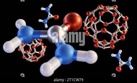 Interazione delle nanogabbie B24N24 con rendering 3d delle molecole di urea Foto Stock