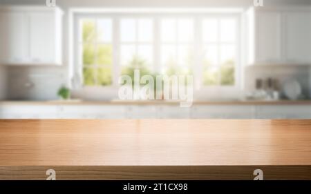 bancone vuoto in legno marrone per l'esposizione del prodotto su sfondo bianco sfocato dell'interno della cucina domestica Foto Stock