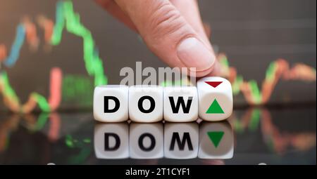 Simbolo di un trend variabile dell'indice Dow Jones. Mano gira i dadi e cambia l'orientamento di una freccia accanto alla parola Dow. Foto Stock
