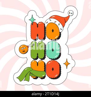 Testo dell'adesivo di Natale ho-ho-ho-ho. Cappello, sciarpa e giocattoli Noel. Illustrazione Vettoriale