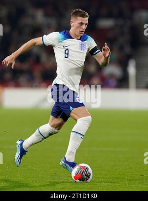 Nottingham, Regno Unito. 12 ottobre 2023. Liam Delap d'Inghilterra durante la partita di qualificazione al campionato europeo Under-21 al City Ground di Nottingham. Il credito fotografico dovrebbe leggere: Andrew Yates/Sportimage Credit: Sportimage Ltd/Alamy Live News Foto Stock