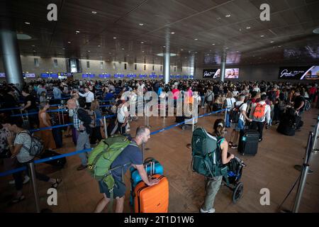 Tel Aviv, Israele. 12 ottobre 2023. I passeggeri devono fare la fila per il check-in all'aeroporto internazionale Ben Gurion vicino a Tel Aviv, Israele, 12 ottobre 2023. I voli internazionali sono stati ritardati o cancellati a causa del conflitto israelo-palestinese in corso scoppiato lo scorso fine settimana. Crediti: Chen Junqing/Xinhua/Alamy Live News Foto Stock