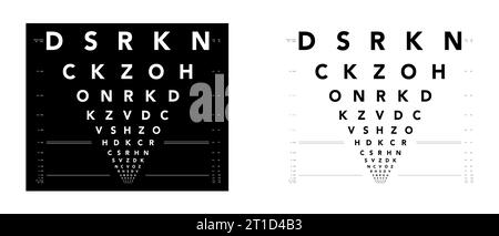 Grafico LogMAR grafico per test oculari illustrazione medica. Contorno stile di schizzo vettoriale di linea isolato su sfondo bianco e nero. Pannello ottico oftalmico per il controllo degli esami Illustrazione Vettoriale