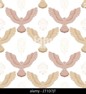 Motivo decorativo senza cuciture con uccelli volanti e simboli sacrali. Texture occulta vettoriale con gufi con ali spalmate e totem boho su sfondo bianco Illustrazione Vettoriale