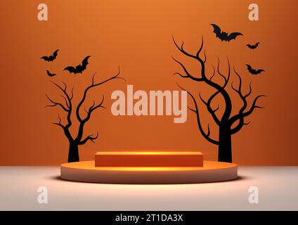 Mostra i tuoi prodotti con stile con questo modello 3D realistico con podio arancione con albero morto nero e pipistrelli. Perfetto per Halloween Illustrazione Vettoriale