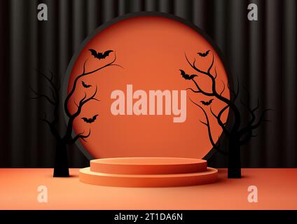 Mostra i tuoi prodotti con stile con questo modello 3D realistico con podio arancione con albero morto nero e pipistrelli. Perfetto per Halloween Illustrazione Vettoriale