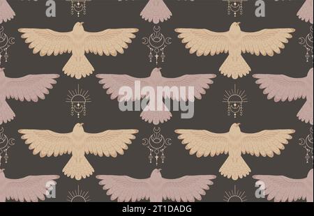 Aquile vettoriali a trama piatta con ali sparse e totem boho su sfondo scuro. Motivo decorativo senza cuciture con uccelli volanti e simbolo sacrale Illustrazione Vettoriale