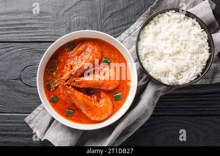 Il curry malai combina gamberi con latte di cocco, cipolla, zenzero, pasta all'aglio, pomodoro, e spezie macinate e viene servito con riso basmati primo piano Foto Stock