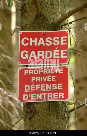 “Private, No Poachers” e “Private Property. No Trespassing” cartelli su un albero all'ingresso di un bosco privato. Foto Stock