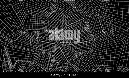 Sfondo geometrico della griglia con mesh stile anni '80. Sfondo astratto cyberpunk con griglia computer retrò. Illustrazione Vettoriale