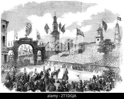 Il Principe di Galles ad Halifax, [Canada] - la processione trionfale che passa davanti alla Children's Gallery nella Grand Parade - da uno schizzo del nostro artista speciale, G.H. Andrews, 1860. Il futuro re Edoardo VII visita il Nord America. "Lì riuniti, e organizzati in ordine su una piattaforma in ascesa, c'erano più di tremila bambini, in abiti ordinati, e con facce emozionate e felici, che, quando il principe arrivò, si alzò come una grande onda, e gettò tutte le loro giovani anime nelle loro voci, mentre acclamavano il loro futuro re, e invocavano l'Onnipotente, in una nuova e appropriata versione dell'inno nazionale, a. Foto Stock