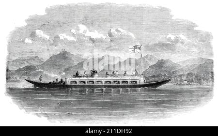 Gondola a vapore per Coniston Lake, Lancashire, 1860. "...un vessel...in più elegante e nuovo la sua forma esteriore e gli accessori interni una perfetta combinazione della gondola veneziana e dello yacht a vapore inglese - con l'eleganza, il comfort e la velocità di quest'ultimo, e la leggerezza aggraziata e il movimento scorrevole silenzioso dell'ex... Coniston Water...[è stato] recentemente reso facilmente accessibile ai turisti della metropoli e delle città principali grazie all'estensione della ferrovia Furness... la nave è di ferro o meglio di piastre di acciaio... è spinta da una vite, azionato da un motore da 16 cavalli sul loc Foto Stock