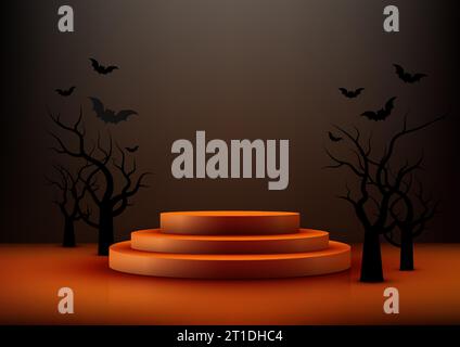 Mostra i tuoi prodotti con stile con questo modello 3D realistico con podio arancione con albero morto nero e pipistrelli. Perfetto per Halloween Illustrazione Vettoriale