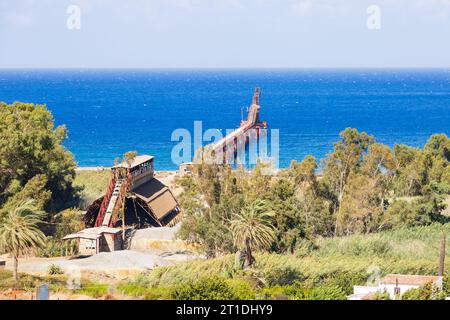 Sistema di trasporto Maden Yukleme iskelesi per il carico di rame sulle navi in acque profonde. Posseduta dalla Cyprus Mining Corporation di Guzelyurt, Soloi, Morfou, Foto Stock