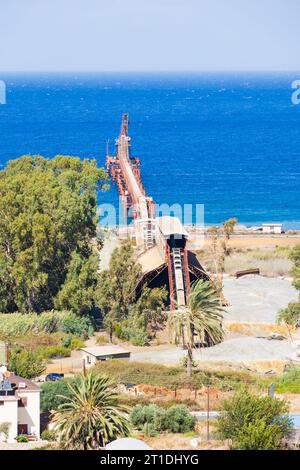 Sistema di trasporto Maden Yukleme iskelesi per il carico di rame sulle navi in acque profonde. Posseduta dalla Cyprus Mining Corporation di Guzelyurt, Soloi, Morfou, Foto Stock