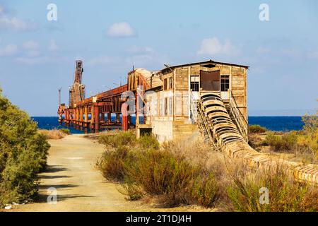 Sistema di trasporto Maden Yukleme iskelesi per il carico di rame sulle navi in acque profonde. Posseduta dalla Cyprus Mining Corporation di Guzelyurt, Soloi, Morfou, Foto Stock