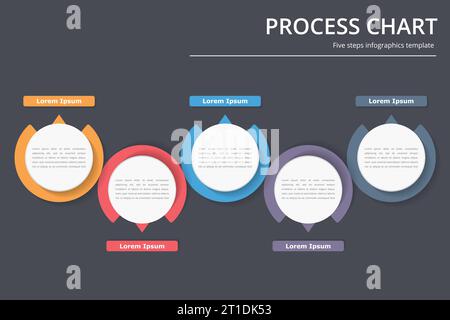 Diagramma di processo modello con cerchi, del diagramma di flusso o flusso di lavoro con cinque elementi, fasi o opzioni, business infographics, vettoriale EPS10 illustrazione Illustrazione Vettoriale