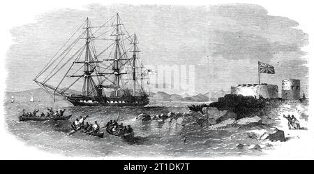 H.M.S. "Euryalus", con il principe Alfred a bordo, entrando nella Simon's Bay, 1860. Il figlio della regina Vittoria, Alfredo, duca di Sassonia-Coburgo e Gotha, divenne cadetto navale all'età di 14 anni. Qui fa una visita ufficiale alla Colonia del Capo, in Sudafrica. Simon's Bay è un'insenatura sul lato ovest di False Bay. In questa baia si trova Simon's Town, a circa ventitré miglia a sud di città del Capo... e' costruito in modo ordinato alla base di Cape Mountain e ha un arsenale navale. In questo porto le navi dirette a casa dall'India di solito ricorrono a riparazioni, ed è la residenza del comandante in capo della marina Foto Stock