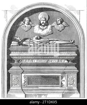 Monumento al Dr. John Yonge, di Torrigiani, nella Rolls Chapel, [Chancery Lane, Londra], 1860. "Tra i monumenti quasi nascosti alla vista nella pittoresca e antica Cappella dei rotoli - un edificio ora in fase di restauro... è uno di non meno un artista di Torrigiani... questo monumento è in memoria del Dr. John Yonge, che fu nominato Master of the Rolls durante il regno di Enrico VII, e mantenne l'incarico fino alla sua morte [nel 1516]...rappresenta l'effigie in un atteggiamento reclinato, abitato da una lunga veste rossa e un cappello quadrato profondo, il volto della figura è meravigliosamente bello. In una pausa sopra Foto Stock