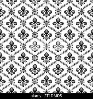 Vector Fleur de LIS Seamless Pattern, sfondo ripetuto con illustrazioni di pattern reticolare e simboli fleur de lis nelle celle rombo, pos. Quadra Illustrazione Vettoriale