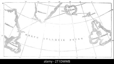 Percorso proposto del North Atlantic Telegraph, 1860. "La concessione per i territori danesi sulla rotta proposta è stata ottenuta dal colonnello Shaffner nel 1854 e da allora egli sostiene con energia la praticabilità dell'impresa per la telegrafia commerciale. Al fine di accertare la fisica, per quanto riguarda la posa del cavo, noleggiò un barque di circa 200 tonnellate e salpò da Boston il 29 agosto 1859, per Labrador, Groenlandia, e i mari del Nord, accompagnato dalla sua famiglia e. qualche amico. Questo sondaggio preliminare è stato di grande importanza. T Foto Stock