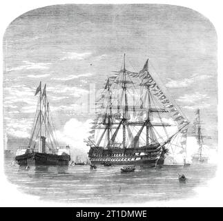 Imbarco del Principe di Galles a H.M.S. "Hero" a Plymouth per il Canada, 1860. Il futuro re Edoardo VII va in visita reale in Nord America - marinai che controllano i cantieri. Gli uomini di guerra erano vestiti con bandiere da steli a poppa. Una certa distanza fuori dal Breakwater fu vista dalla Channel Fleet, con le vele tutte calate, e illuminata dal sole che tramonta. A dieci minuti dopo le sette l'ingresso dello yacht reale nel Sound fu annunciato da un saluto reale da parte dell'Arianna e della cittadella... circa le otto e mezza sua altezza reale si imbarcò a bordo di H.M.S. Hero (91 cannoni), Captain se Foto Stock