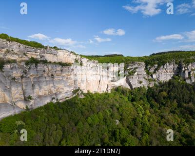 Vista aerea panoramica dell'altopiano di Madara, dove l'iconico cavaliere di Madara è intagliato in modo complesso. Scopri il ricco patrimonio culturale e le meraviglie naturali della Bulgaria Foto Stock