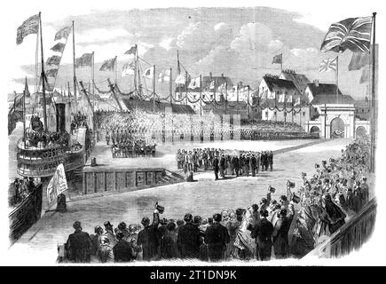 Il Principe di Galles approda a St. John, New Brunswick, [Canada], da un disegno del nostro artista speciale G. H. Andrews, 1860. 'Sua altezza reale [futuro re Edoardo VII] raggiunse il porto di St. Giovanni in tarda serata di giovedì 2 agosto, i cannoni sull'Isola di Partridge che portano il segnale delle gioiose notizie. Un'immensa folla di persone, desiderosi di spettatori, riunita al molo chiamato Reed's Point per assistere all'arrivo del piroscafo, che è stato accolto con un applauso prolungato ed entusiasta. Alle dieci del mattino seguente il principe e la suite sbarcarono dallo Styx, A. Foto Stock