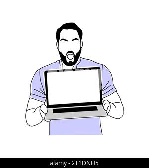Uomo che tiene un notebook e mostra un vettore di schermo vuoto Illustrazione Vettoriale