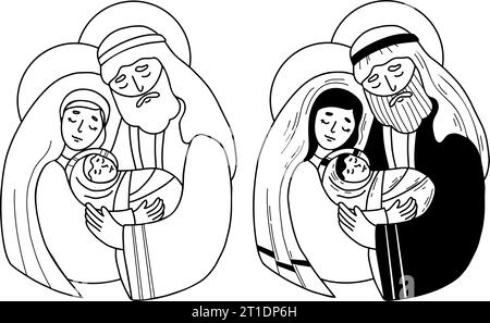 Set per il ritratto di Natale della Sacra famiglia. Vergine Maria, san Giuseppe e Gesù bambino. Nascita di Cristo Salvatore. Illustrazione vettoriale. contorno isolato e nero Illustrazione Vettoriale