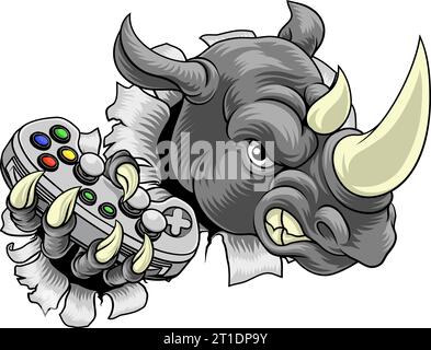 Rhino Rhinoceros Gamer Gaming Cartoon Mascot Illustrazione Vettoriale
