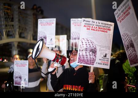 I sostenitori della Palestina radunano fuori dall'ambasciata israeliana a Bogotà, Colombia, sventolando bandiere e striscioni palestinesi, il 10 ottobre 2023. Foto Stock