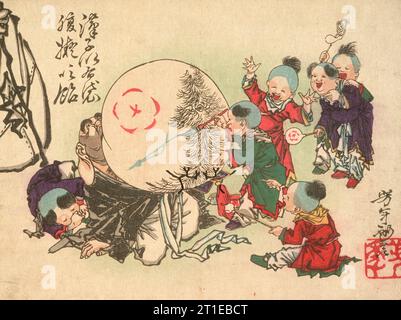 Children Blowing Up Hotei's Belly and Painting IT Like Candy, maggio 1882. Foto Stock