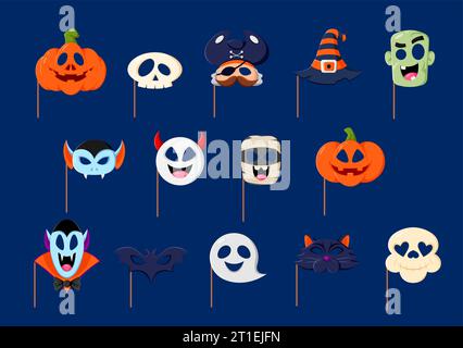 Maschere per cabina fotografica Cartoon halloween con oggetti di scena. Set vettoriale isolato di zucca, cranio, pirata e cappello da strega. Mostri, vampiri, mummie o demoni, fantasma, gatto nero e pipistrello personaggi spaventosi maschere facciali Illustrazione Vettoriale