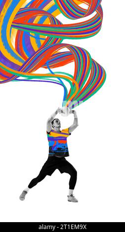 Giovane uomo concentrato, giocatore di pallavolo durante la partita, colpendo palla con la mano. Vincitore. Collage artistico creativo. Foto Stock