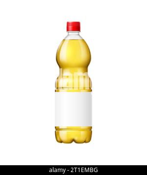 Bottiglia di olio di girasole Mockup, vettore isolato moderno design 3d, che mostra l'essenza dorata di bontà naturale. Perfetto per un'esperienza culinaria sana e saporita. Provetta di plastica con etichetta vuota Illustrazione Vettoriale