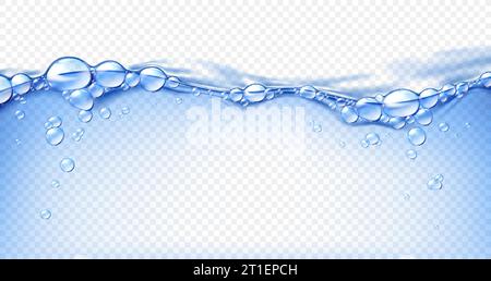 Superficie trasparente realistica delle onde d'acqua della piscina con bolle, spruzzi di flusso blu. Liquido di ebollizione vettoriale, sfondo astratto frizzante con movimento dinamico. Acqua 3d realistica, in movimento casuale o in movimento Illustrazione Vettoriale