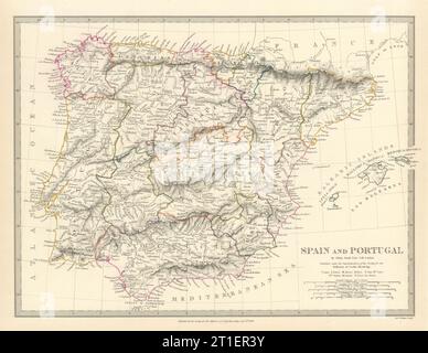 IBERIA. Spagna e Portogallo mostrano le province. Vecchia carta cartografica antica SDUK 1844 Foto Stock