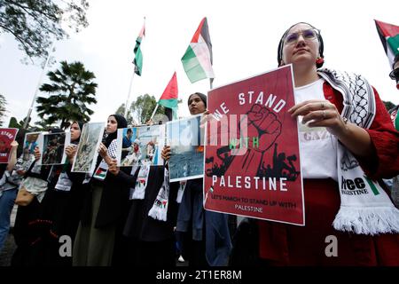 Kuala Lumpur, Malesia. 13 ottobre 2023. I manifestanti tengono segnali durante la manifestazione di solidarietà con la Palestina presso l'edificio dell'ambasciata palestinese a Kuala Lumpur. La solidarietà consiste nel chiedere protezione internazionale al popolo palestinese attaccato a Gaza. Credito: SOPA Images Limited/Alamy Live News Foto Stock