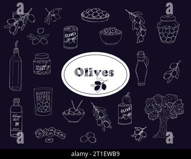 Set per la produzione di olive disegnate a mano. Raccolta di vari alberi di ulivo, frutta, bottiglie di olio e barattoli, olive tagliate a fette in vaso e olive in scatola Illustrazione Vettoriale