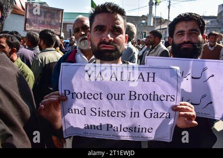 Budgam, India. 13 ottobre 2023. Un musulmano del Kashmir tiene un cartello durante una manifestazione di protesta a sostegno della Palestina a Budgam, a circa 25 km da Srinagar. In mezzo alla guerra in corso di Israele a Gaza, a seguito degli attacchi che finora hanno causato oltre 1.300 vite umane e causato più di 3.300 feriti, la gente del posto nella valle del Kashmir ha organizzato proteste a sostegno della Palestina dopo le preghiere del venerdì. (Foto di Saqib Majeed/SOPA Images/Sipa USA) credito: SIPA USA/Alamy Live News Foto Stock