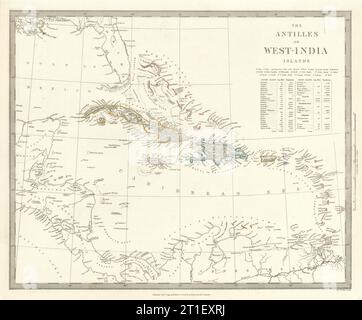 INDIE OCCIDENTALI. Antille Caraibi Cuba Porto Rico Giamaica Bahamas.SDUK 1844 mappa Foto Stock