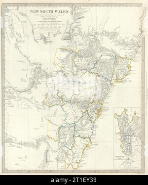 NUOVO GALLES DEL SUD. Basato sulle rotte di Cunningham. Inset piano Sydney. Mappa SDUK 1844 Foto Stock